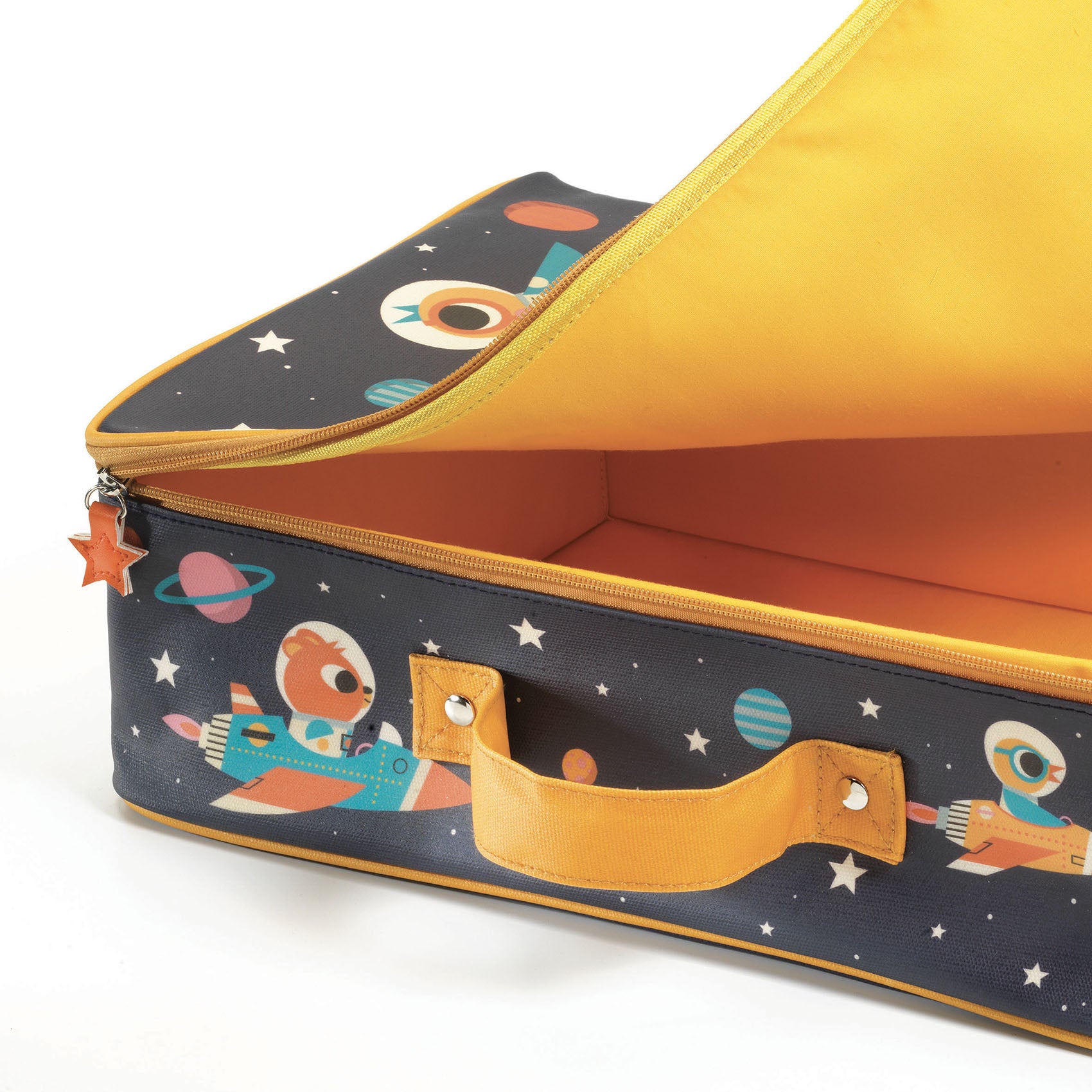 Children's suitcase with space-themed design on a white background