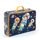 Children's suitcase with space-themed design featuring animals in astronaut suits on a blue background.