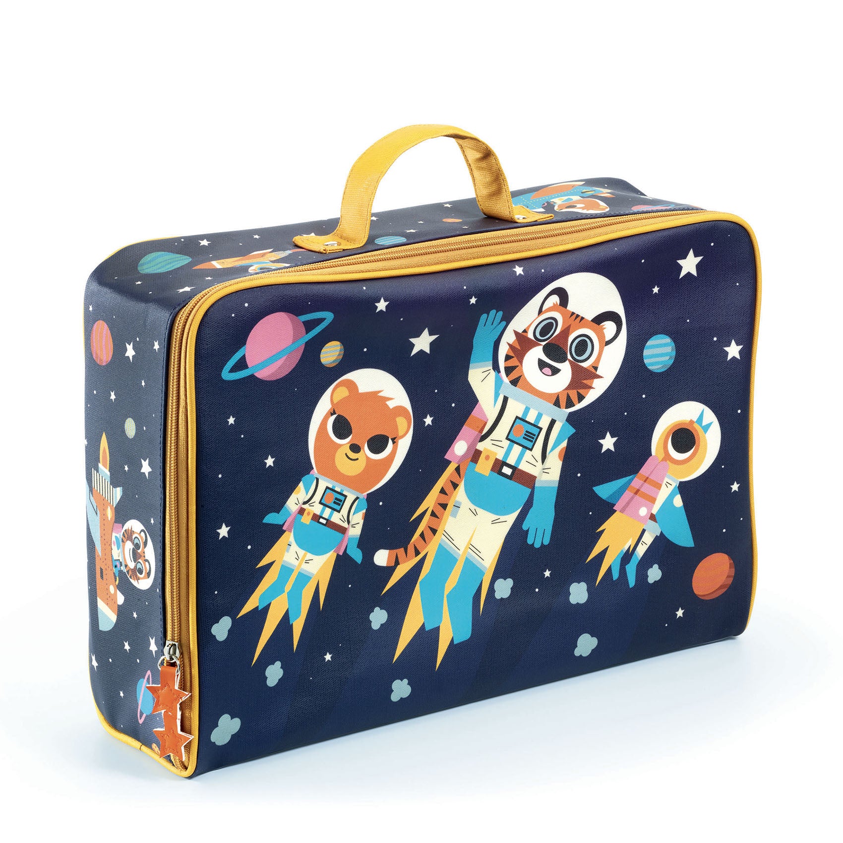 Children's suitcase with space-themed design featuring animals in astronaut suits on a blue background.