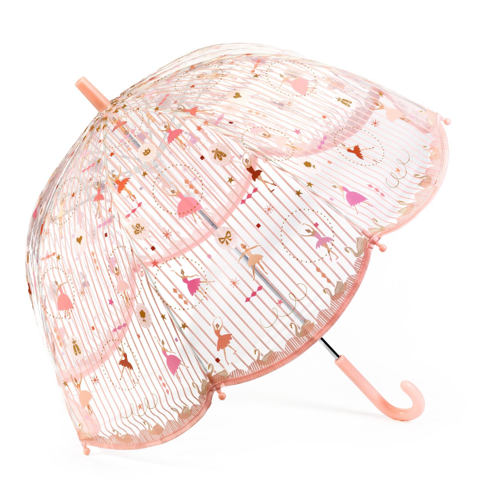 Transparent umbrella with pink handle and decorative ballerina patterns on a white background