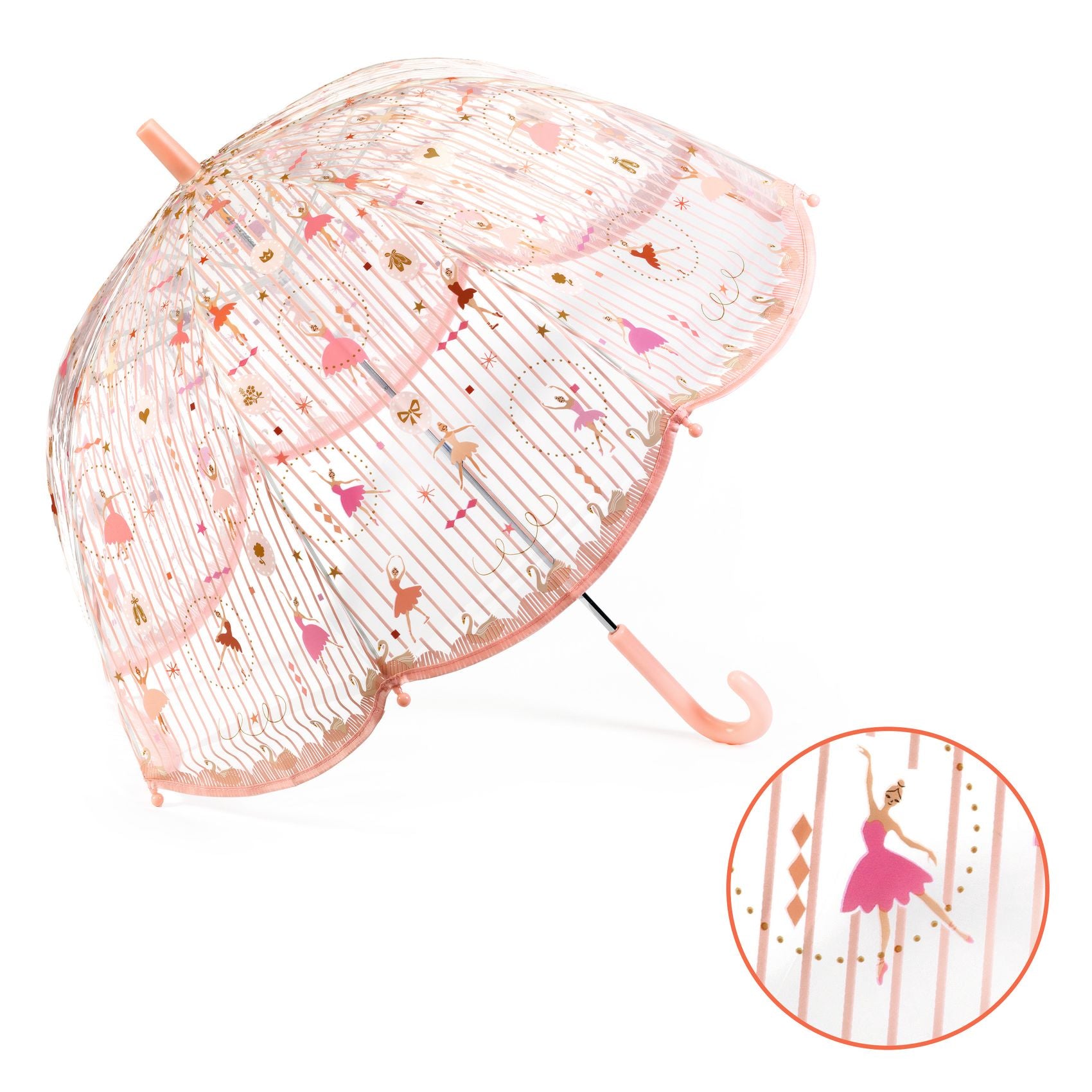 Transparent umbrella with decorative ballerina patterns on a white background