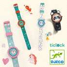Four colorful children's watches with decorative straps on a light background, featuring the brand 'Djeco'.