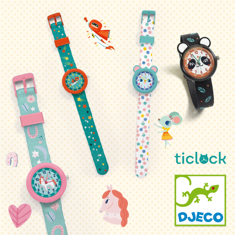 Four colorful children's watches with decorative straps on a light background, featuring the brand 'Djeco'.