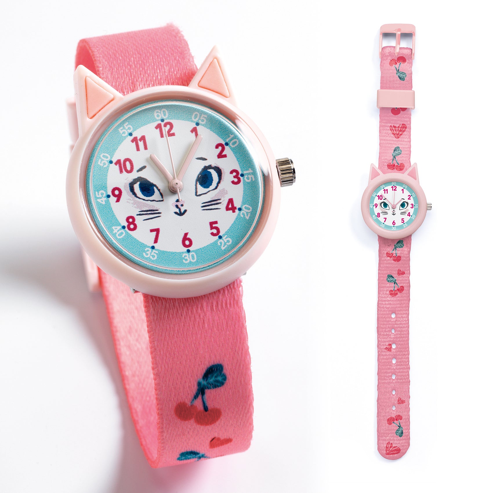 Children's pink cat-themed watch on a white background