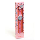 Pink watch with cat design in a matching box on a white background