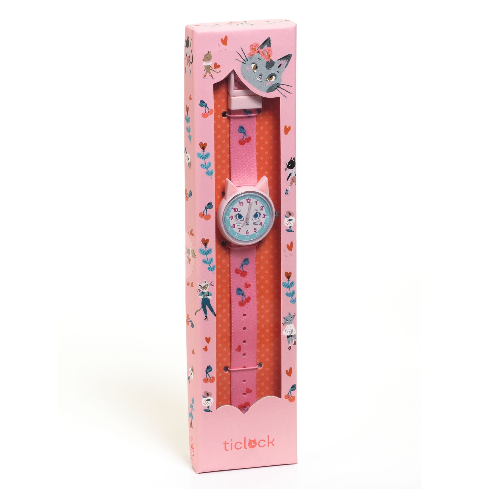 Pink watch with cat design in a matching box on a white background