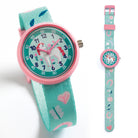 Children's watch with a turquoise strap and pink accents on a white background