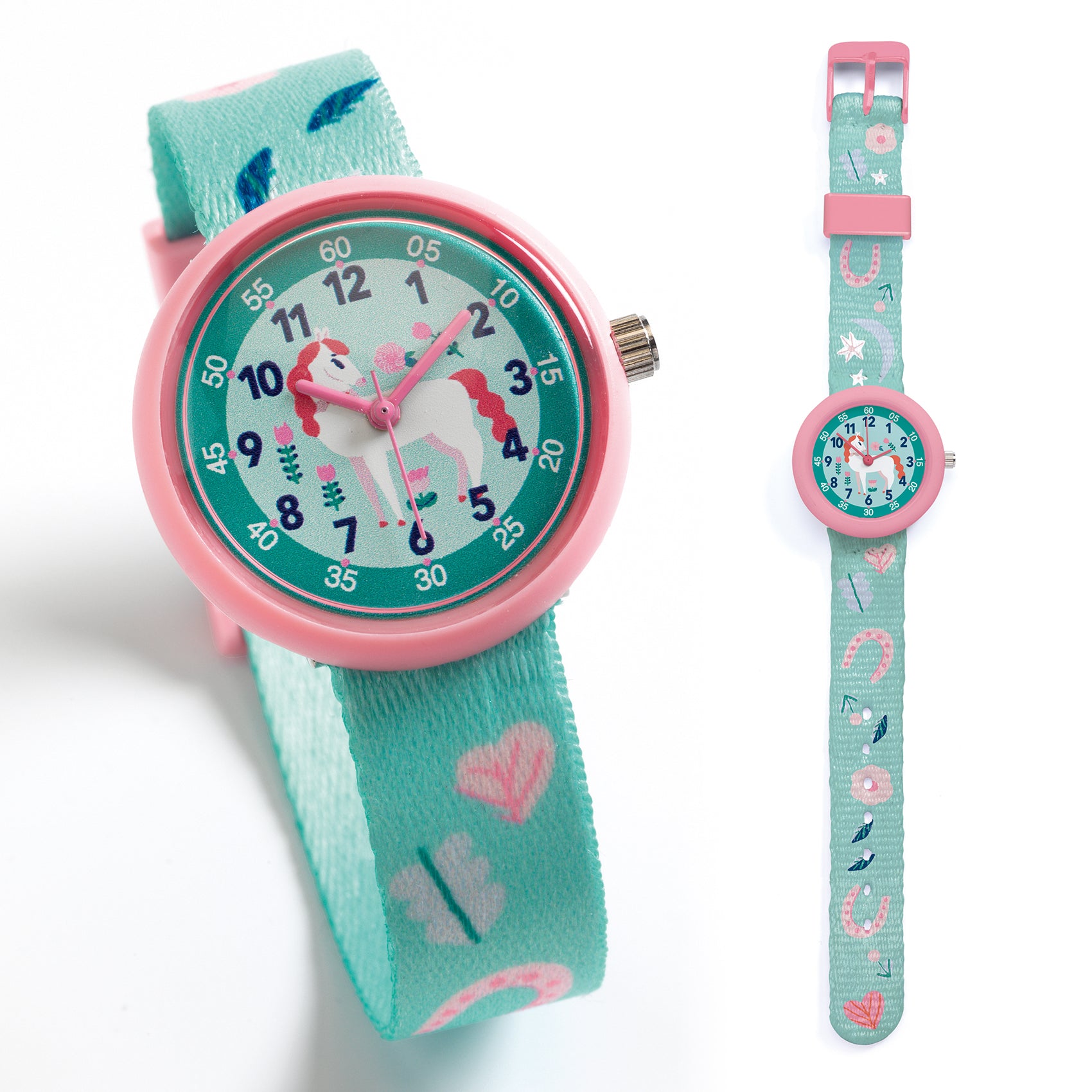 Children's watch with a turquoise strap and pink accents on a white background