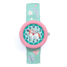 Children's watch with a pink case and green strap featuring a horse design on a white background