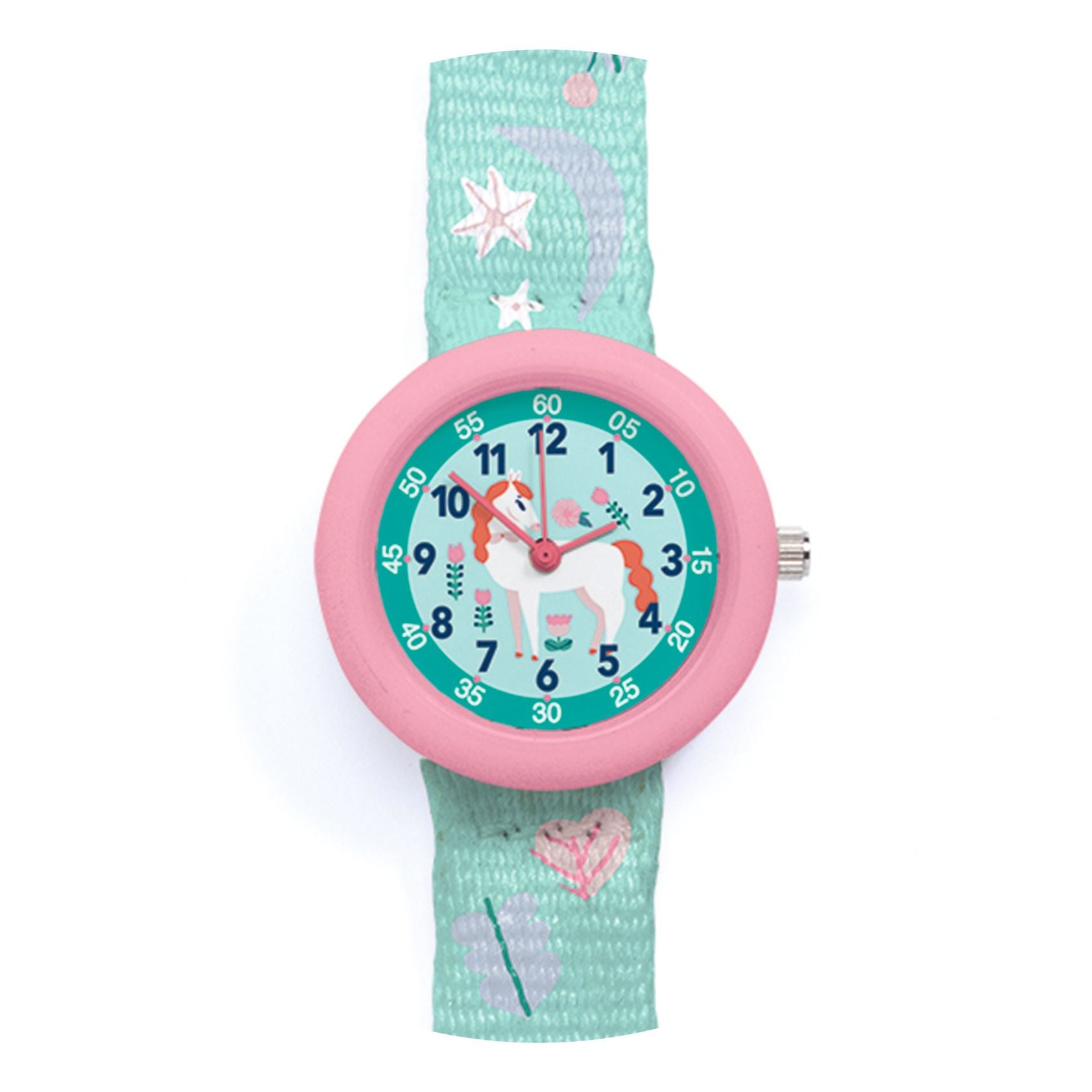 Children's watch with a pink case and green strap featuring a horse design on a white background