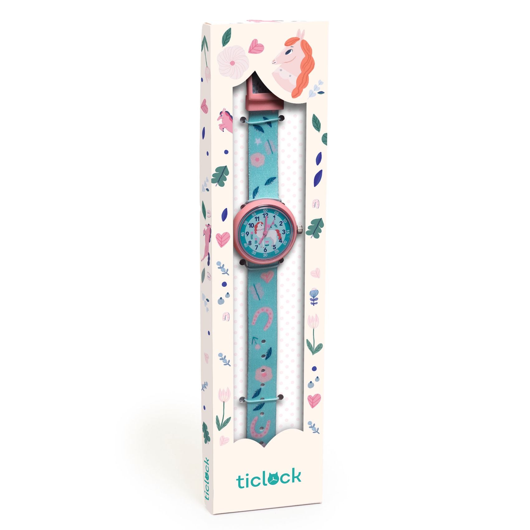 Children's watch with blue strap and pink accents in a decorative box, brand 'ticlock' visible.