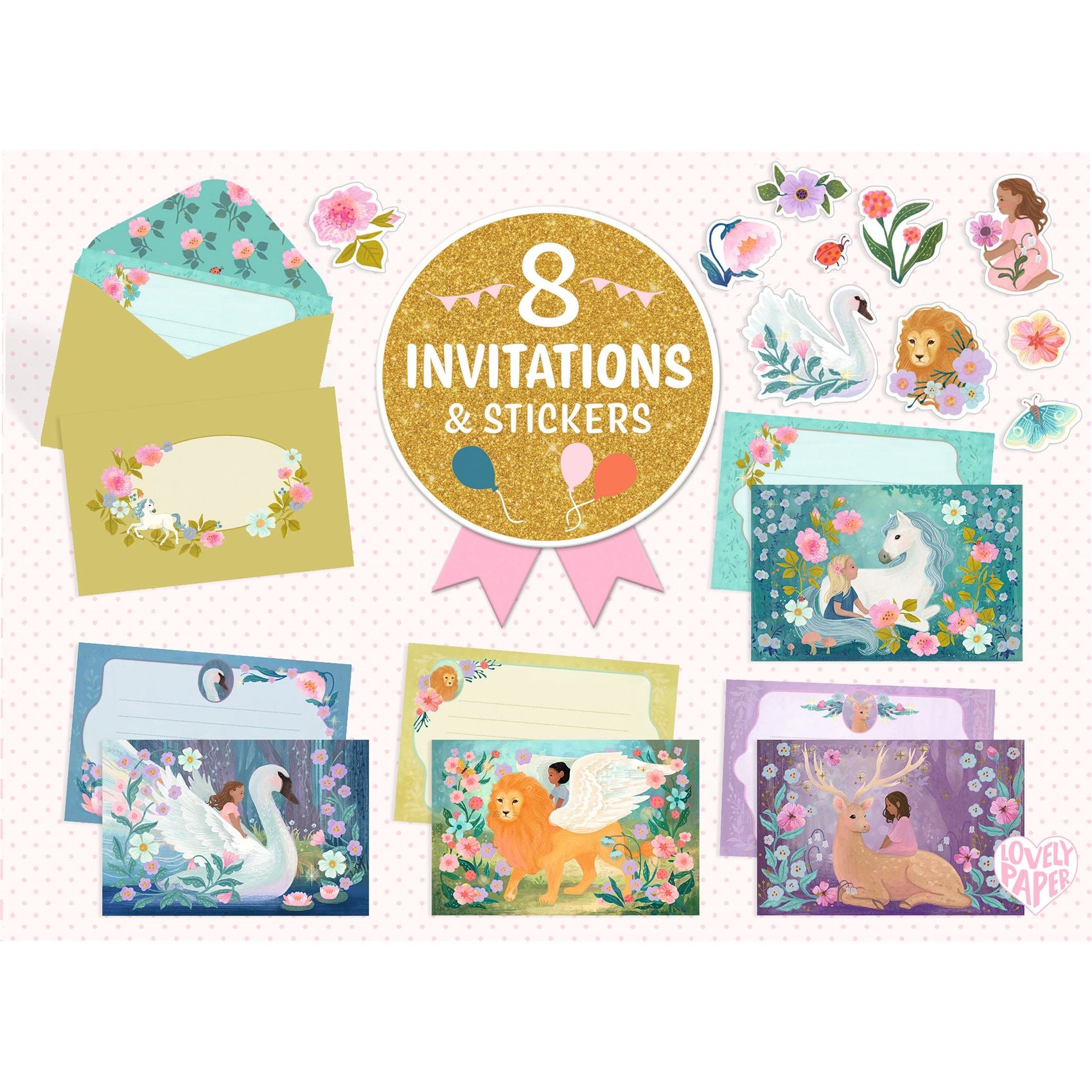 Djeco Childrens party invitations unicorns and magical creatures 