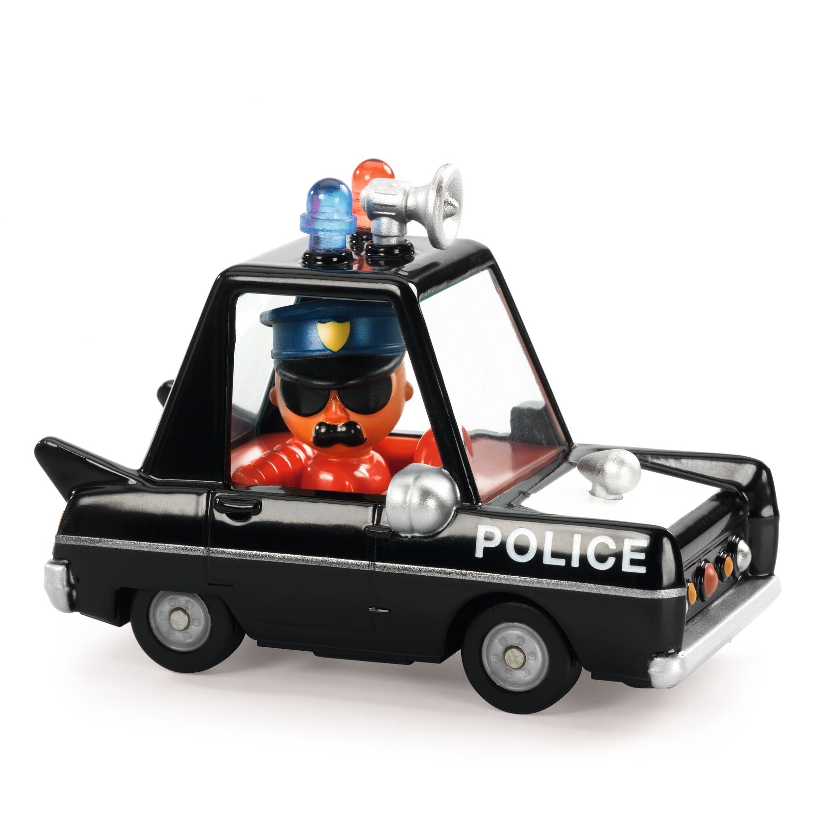 Toy police car with a figure inside on a white background