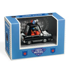 Toy police car in a box with 'Crazy Motors' branding