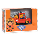 Toy fire truck and figure in packaging with 'Crazy Motors' branding