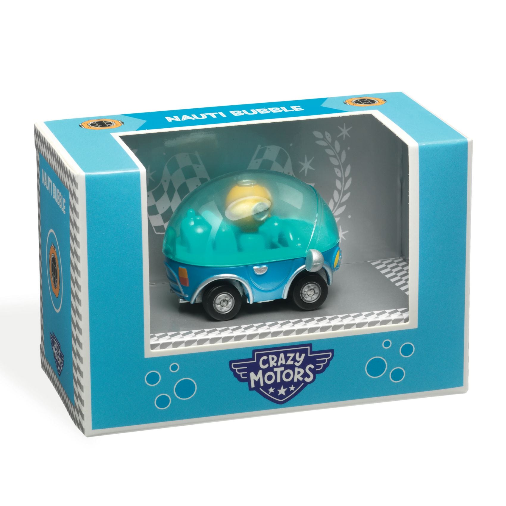 Toy vehicle in a blue box with 'Crazy Motors' branding