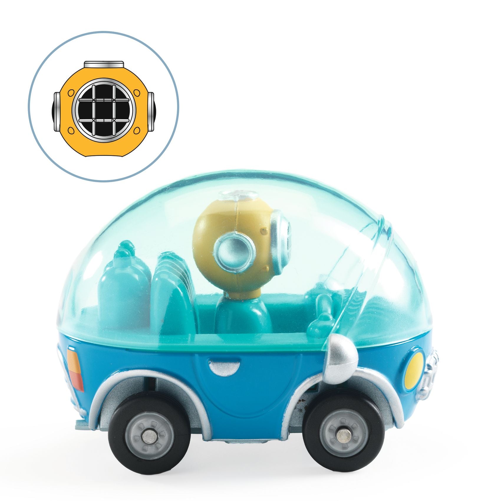 Toy vehicle with a transparent dome and yellow circular component on a white background