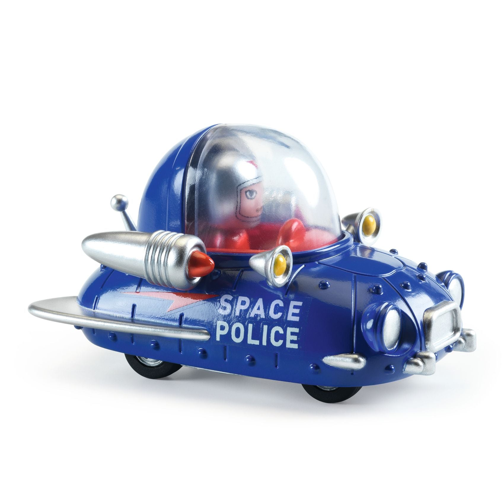 Toy space police vehicle with a character inside on a white background