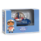 Toy car with 'Space Police' text in a packaging box featuring a character in an astronaut suit, branded 'Crazy Motors'.