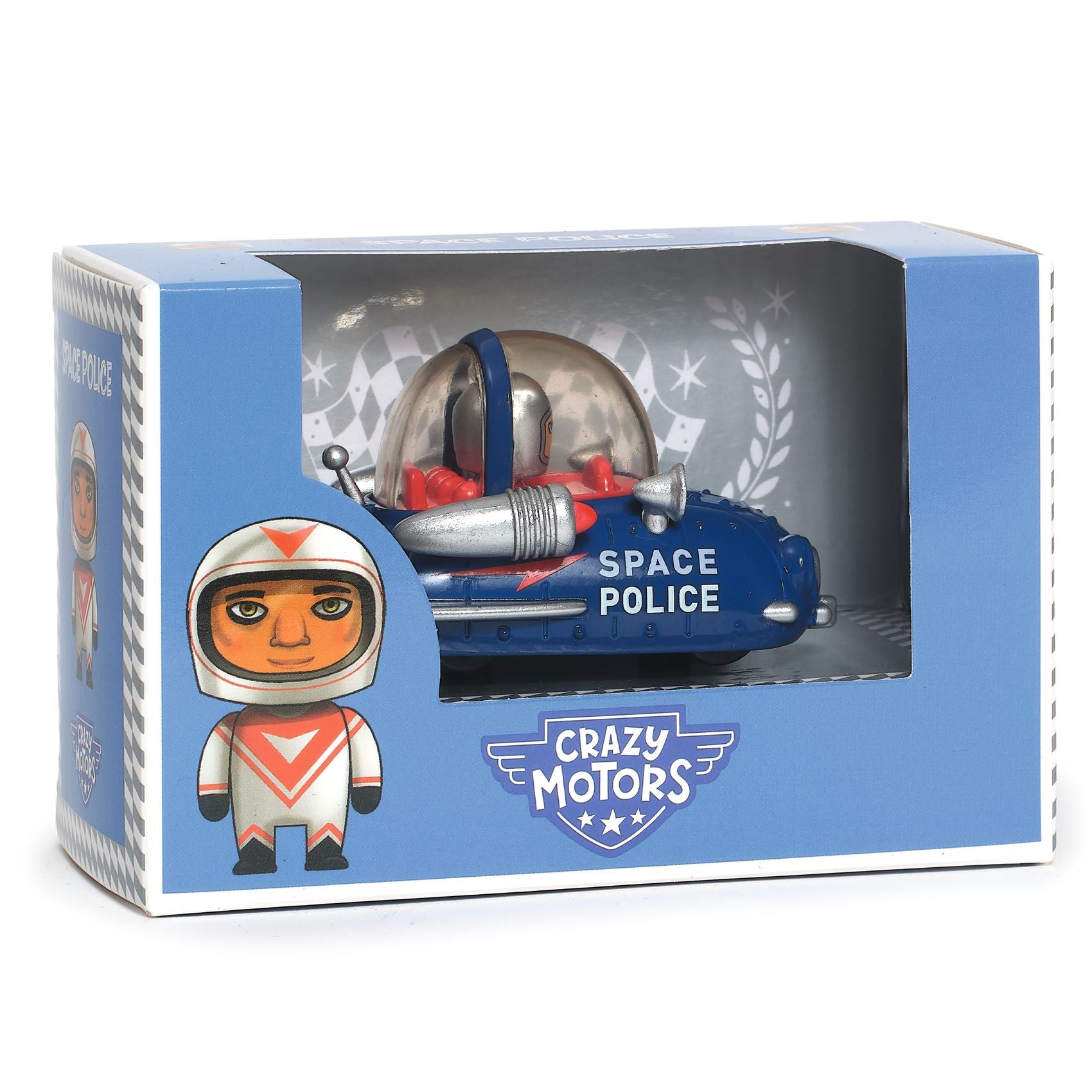 Toy car with 'Space Police' text in a packaging box featuring a character in an astronaut suit, branded 'Crazy Motors'.