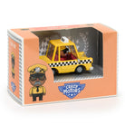 Toy taxi in a 'Crazy Motors' box on a white background