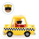 Toy taxi with a driver figure on a white background