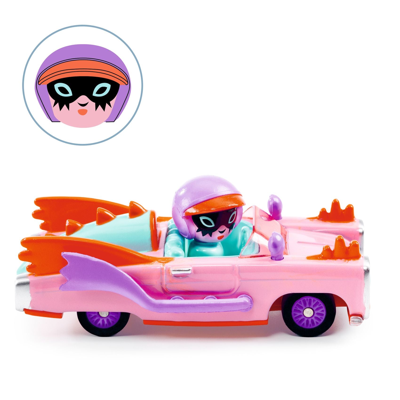 Toy car with a character in a helmet and pink outfit, inset showing the character's face.