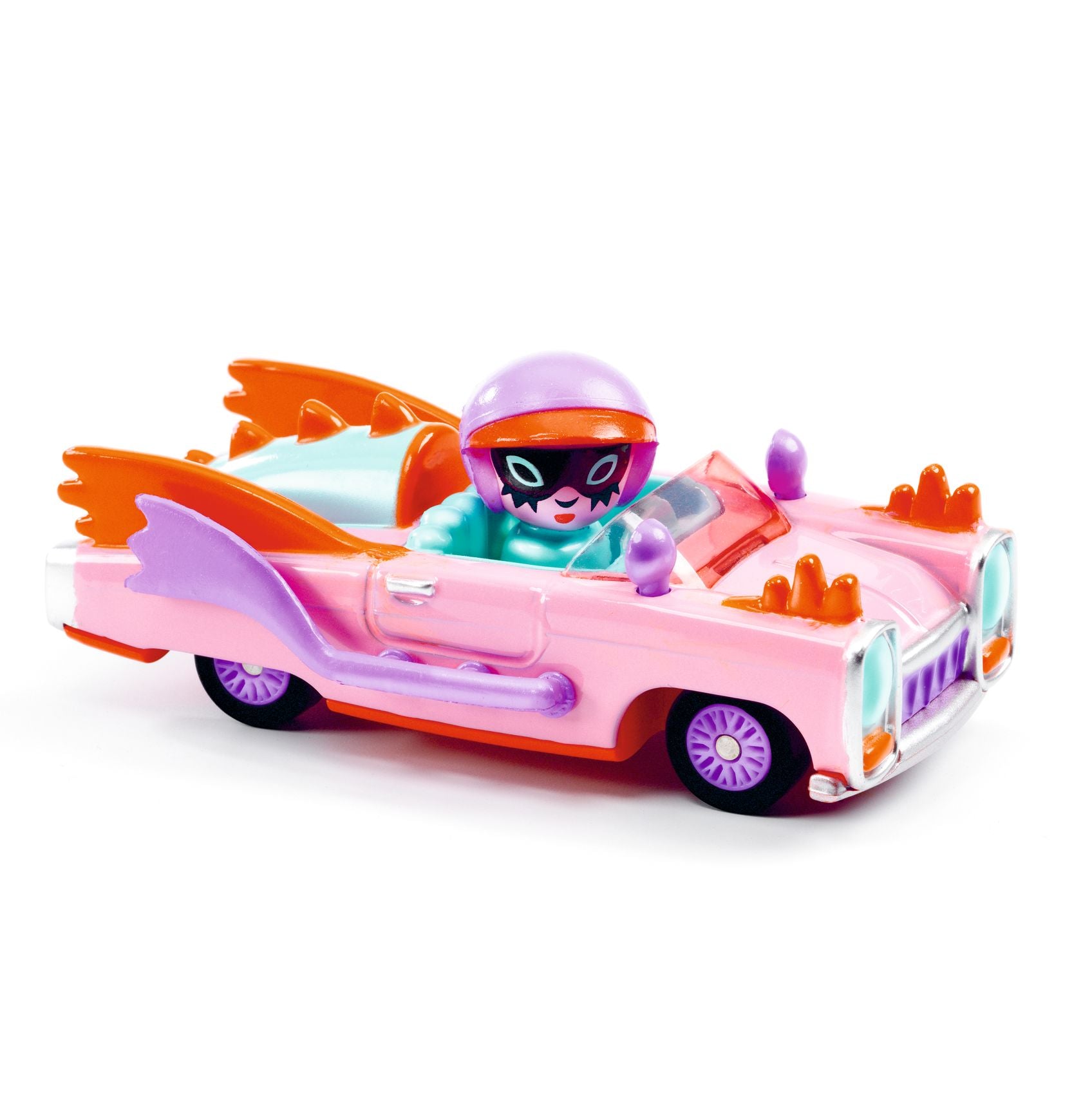 Toy car with a character inside on a white background