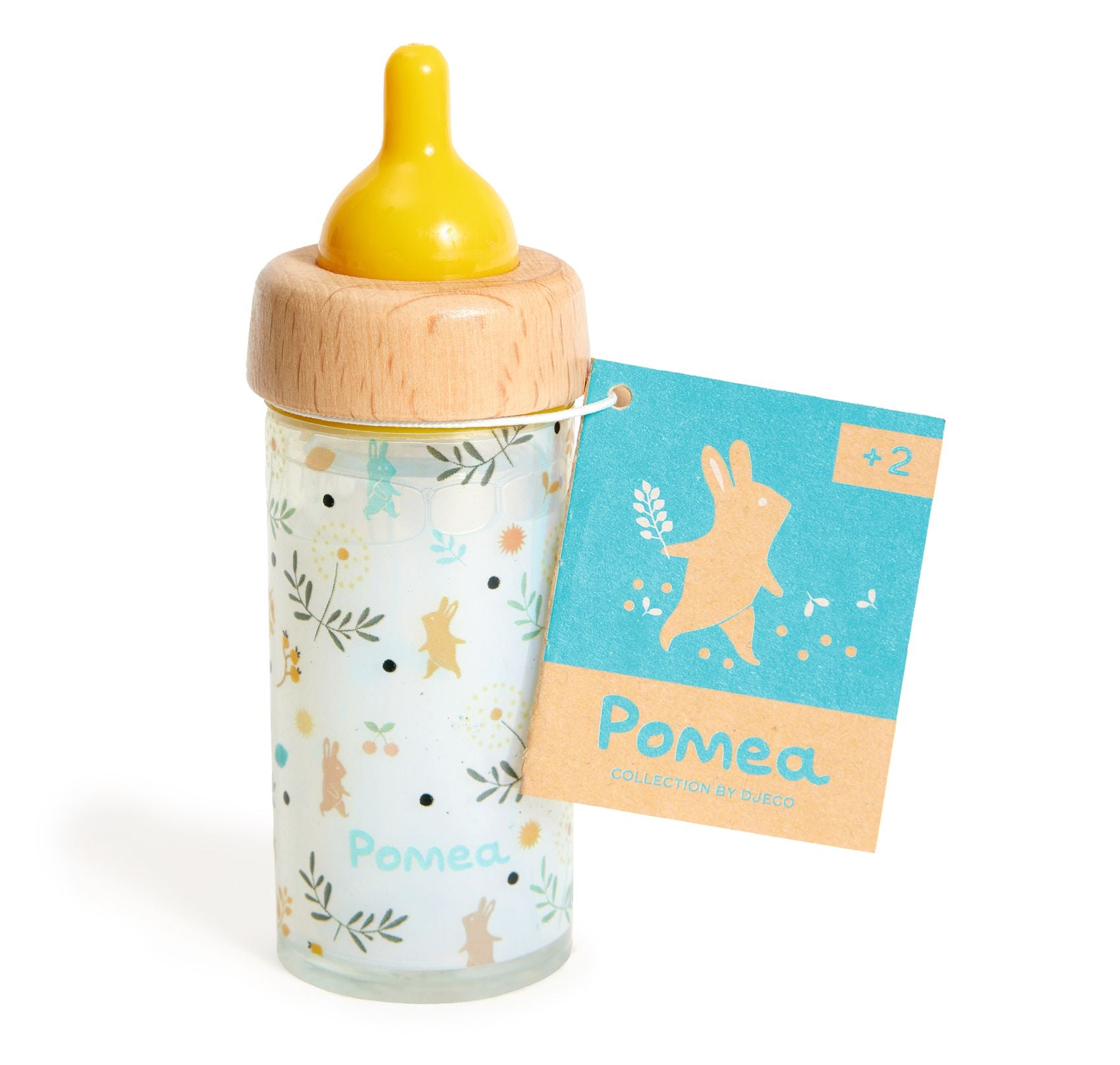 Baby bottle with wooden cap and animal pattern, featuring a Pomea tag.