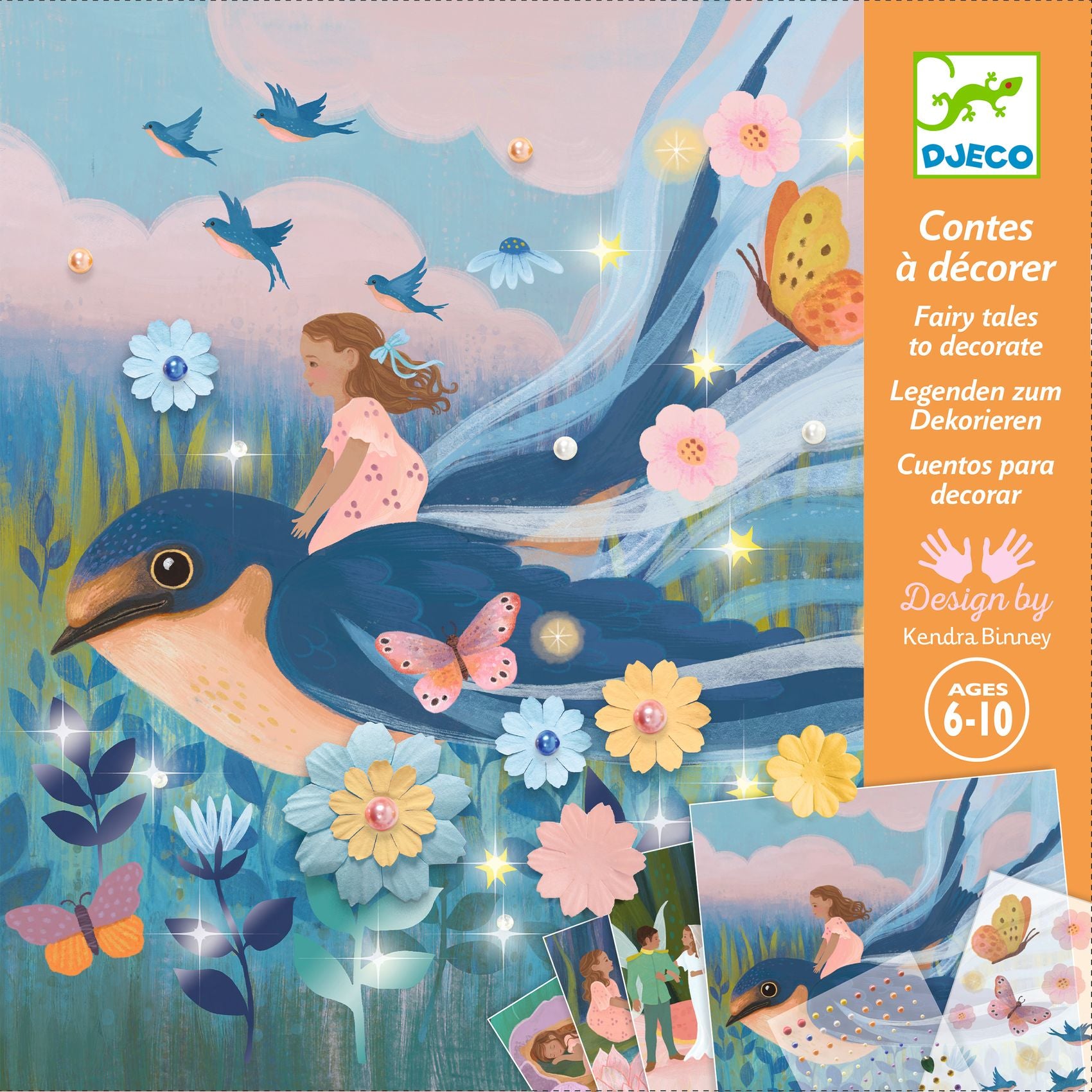 Decorative book for children with a girl on a bird, flowers, and butterflies, featuring Djeco branding.