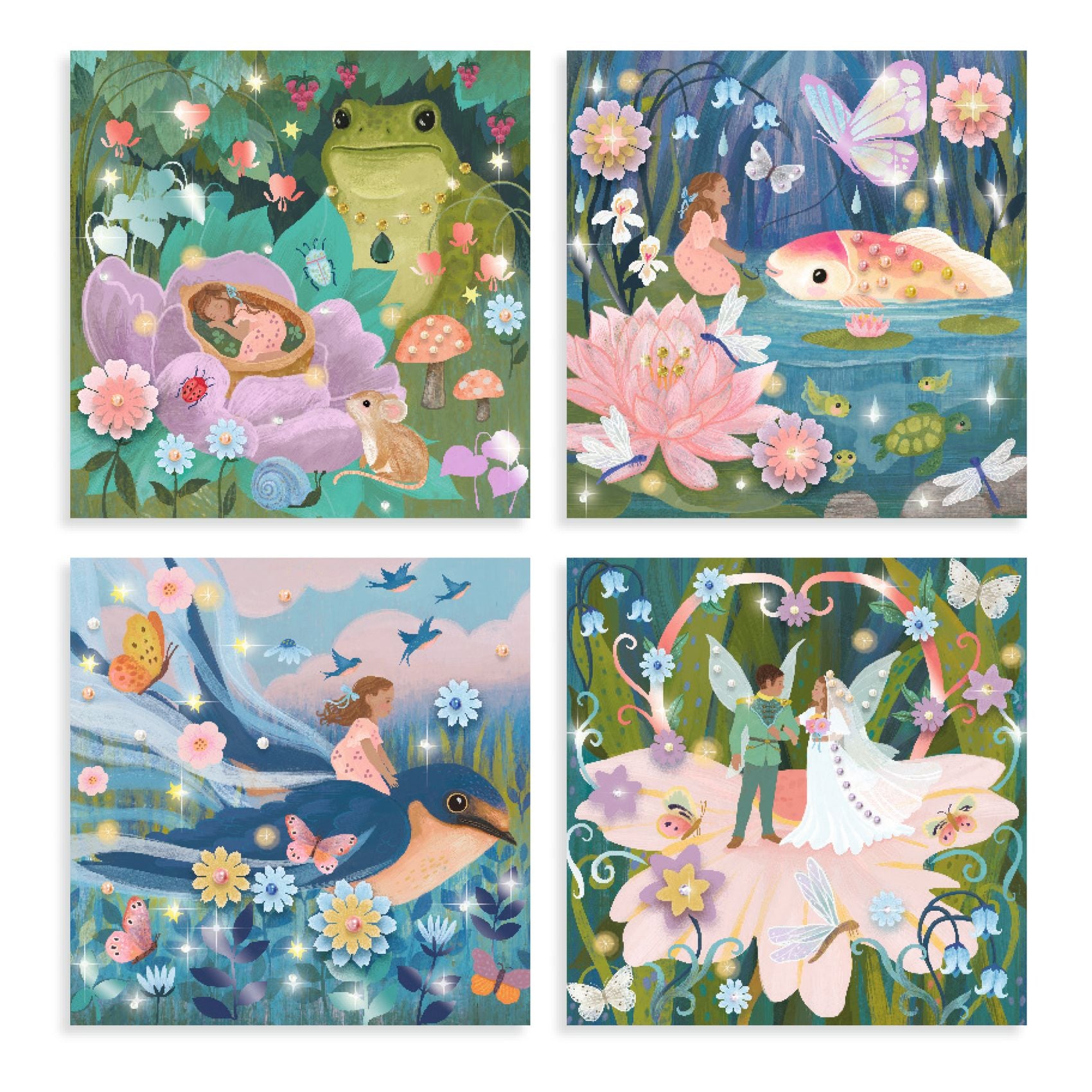 Set of four colorful illustrations featuring fairies, animals, and flowers on a white background.