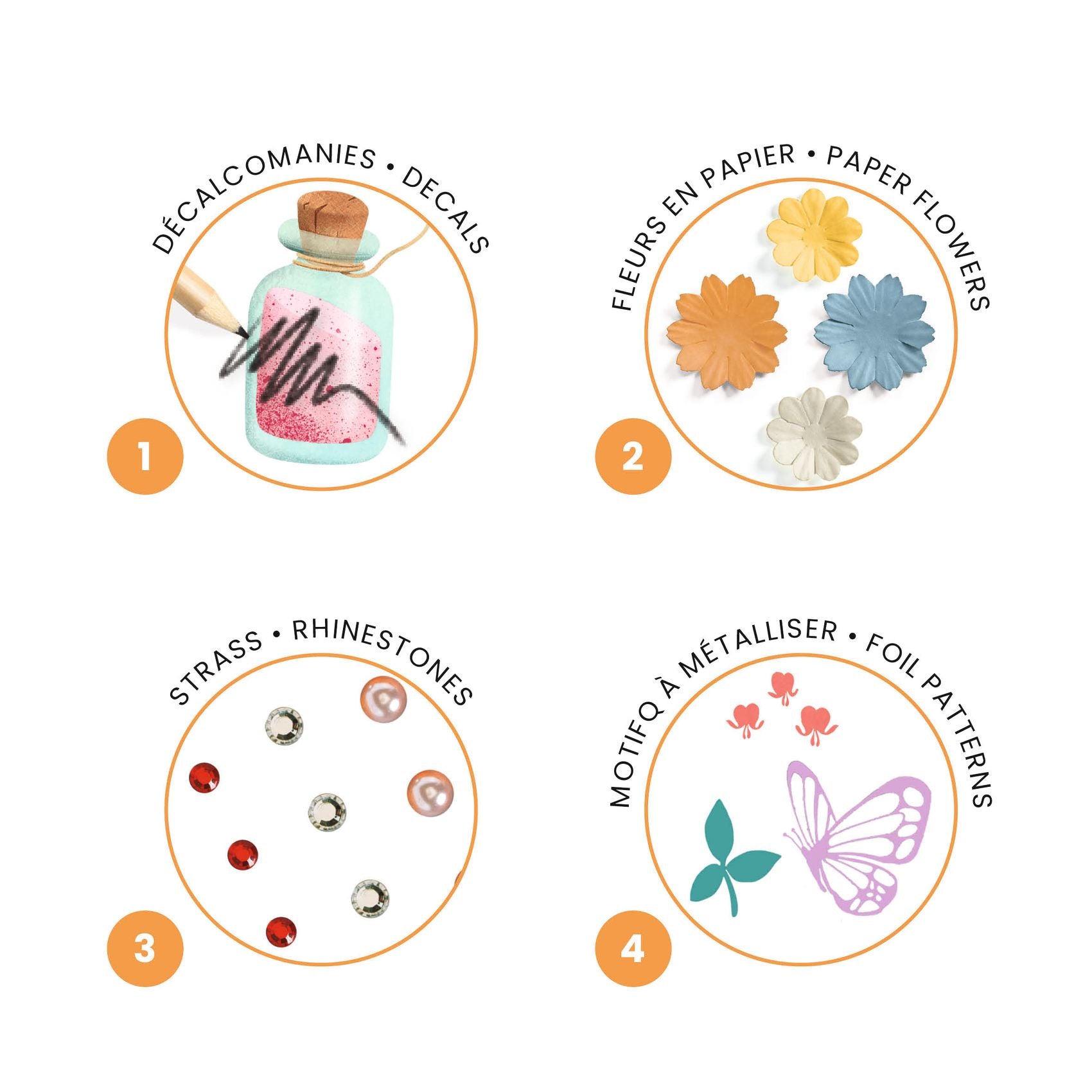 Illustrations of decorative items including decals, paper flowers, strass rhinestones, and foil patterns on a white background.