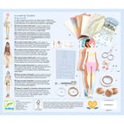 Toy packaging with paper dolls, patterns, and accessories on a blue background
