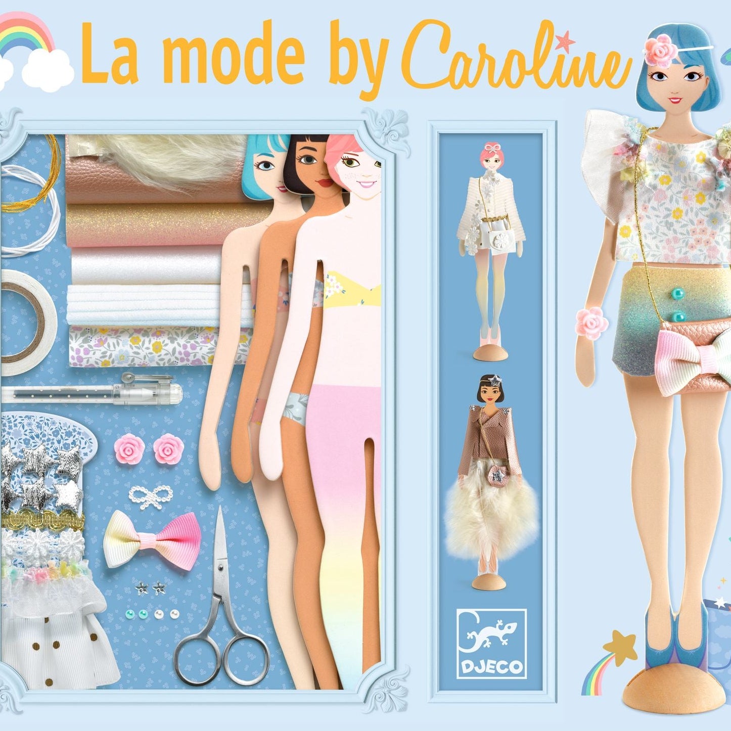 Doll and fashion accessories set with 'La mode by Caroline' branding on a blue background.