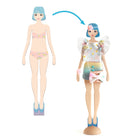 Unfurnished doll body with a furnished doll wearing a colorful outfit on a white background