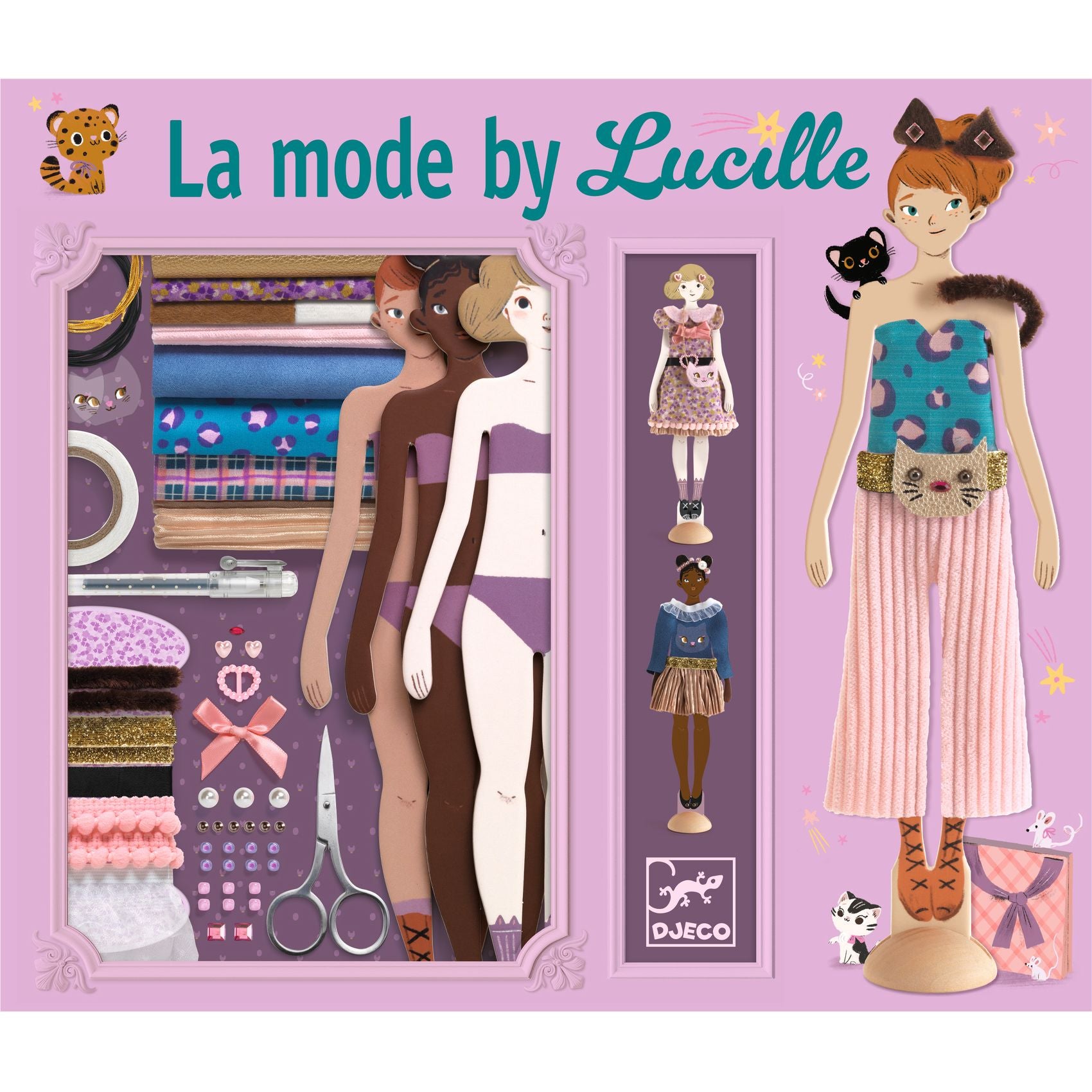Djeco 'La mode by Lucille' fashion doll set on a pink background with fashion items and accessories.