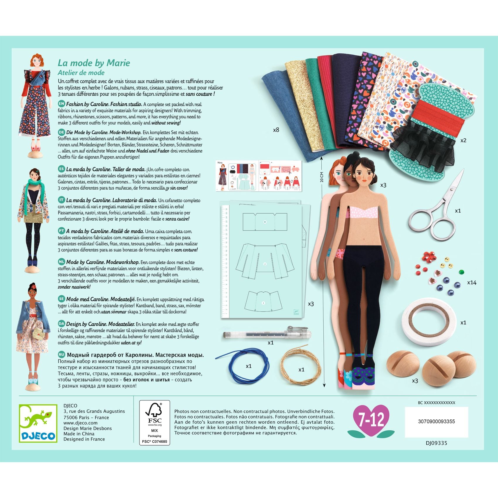 Toy packaging with fashion dolls, fabrics, and accessories on a blue background