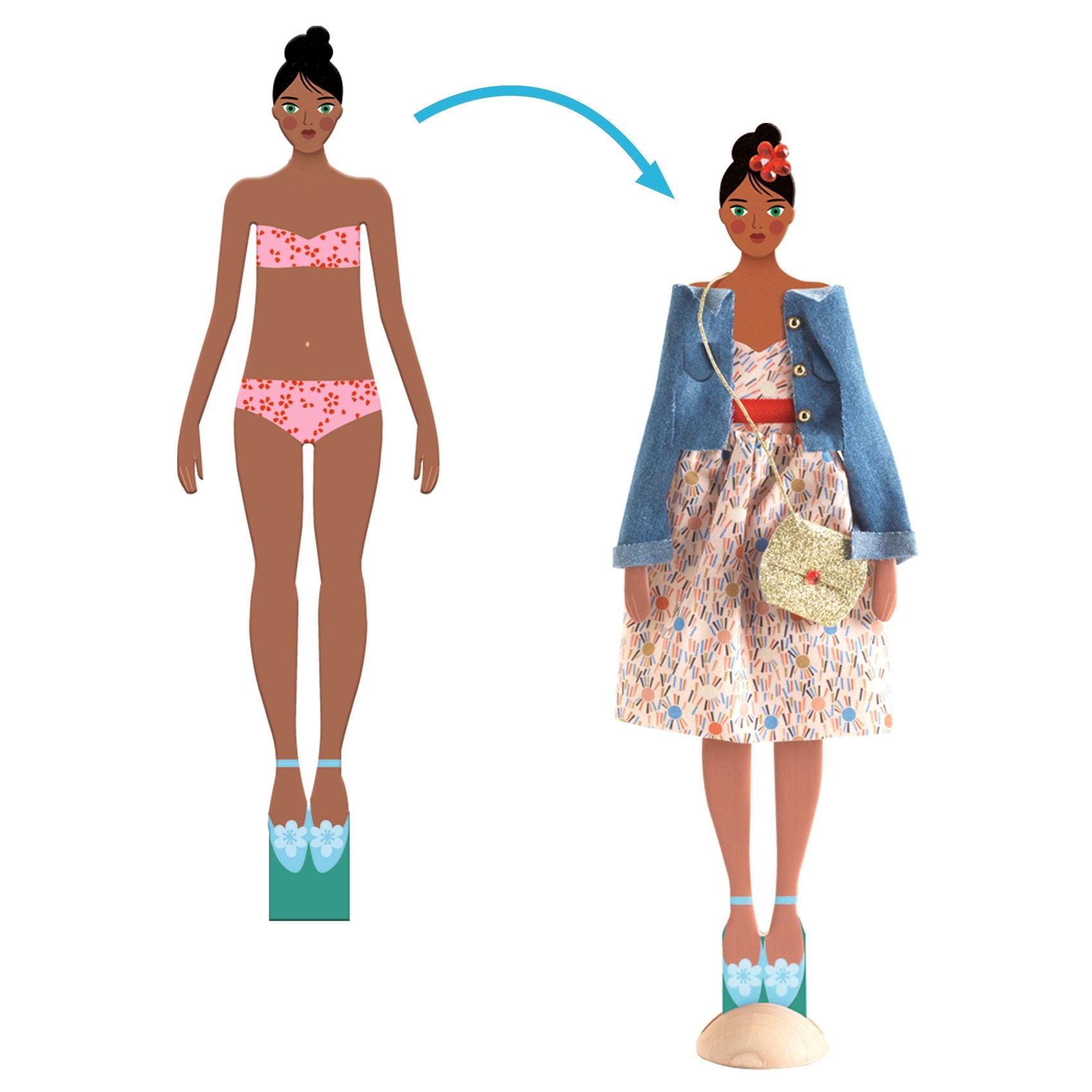 Illustration of a woman transforming from a swimsuit to a dress with a denim jacket.