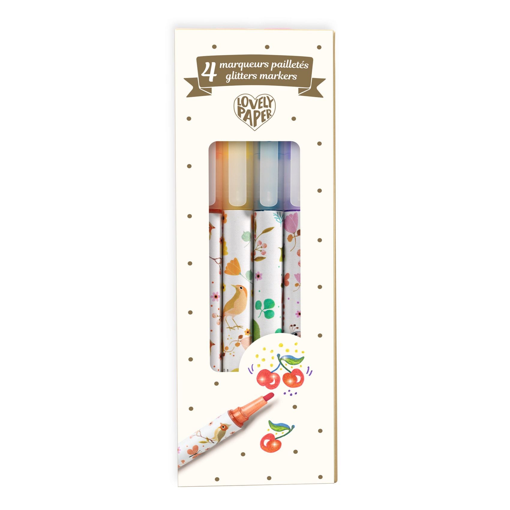 Packaging of Lovely Paper glitter markers with colorful design on a white background