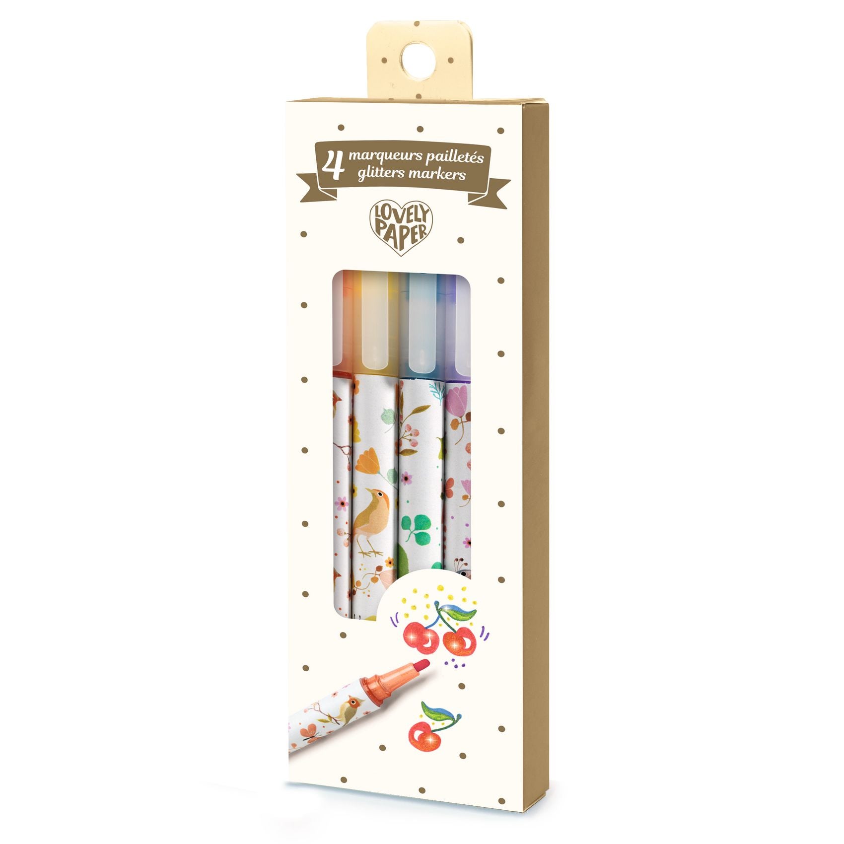 Packaging of four glitter markers with a visible brand logo on a white background