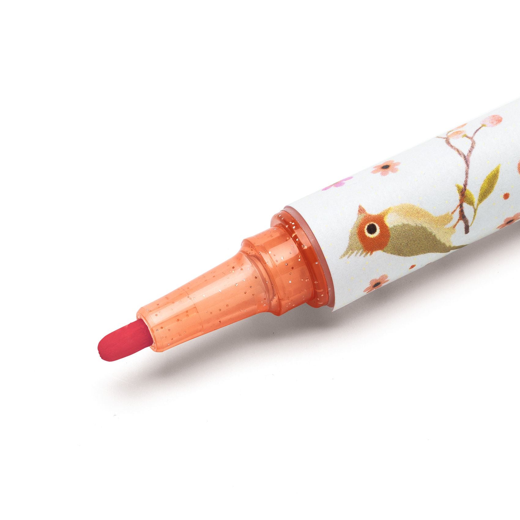 Decorative felt tip pen with a floral and bird design on a white background