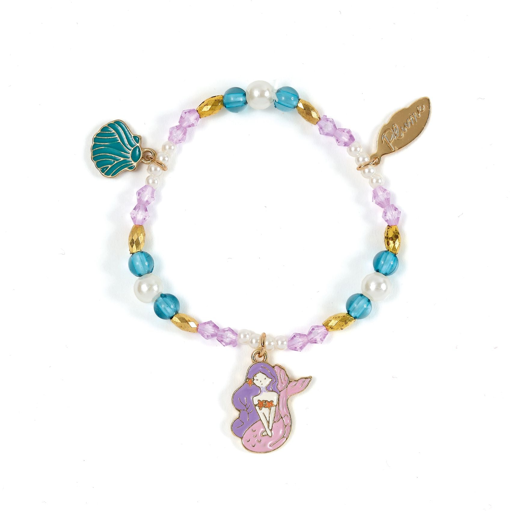Colorful beaded bracelet with mermaid and shell charms on a white background
