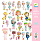 Collection of colorful  metallic stickers with characters and animals on a white background, featuring the Djeco brand.