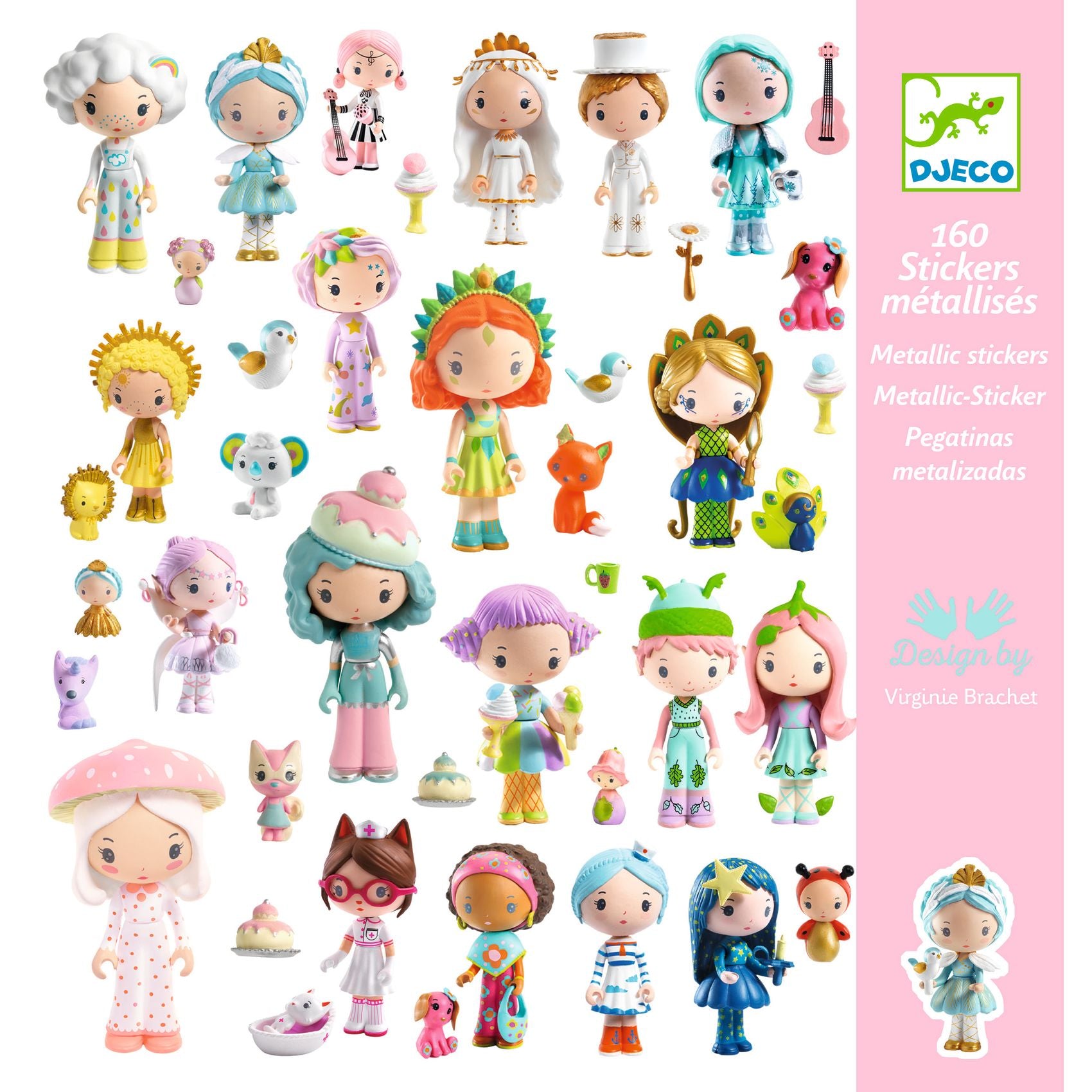 Collection of colorful  metallic stickers with characters and animals on a white background, featuring the Djeco brand.