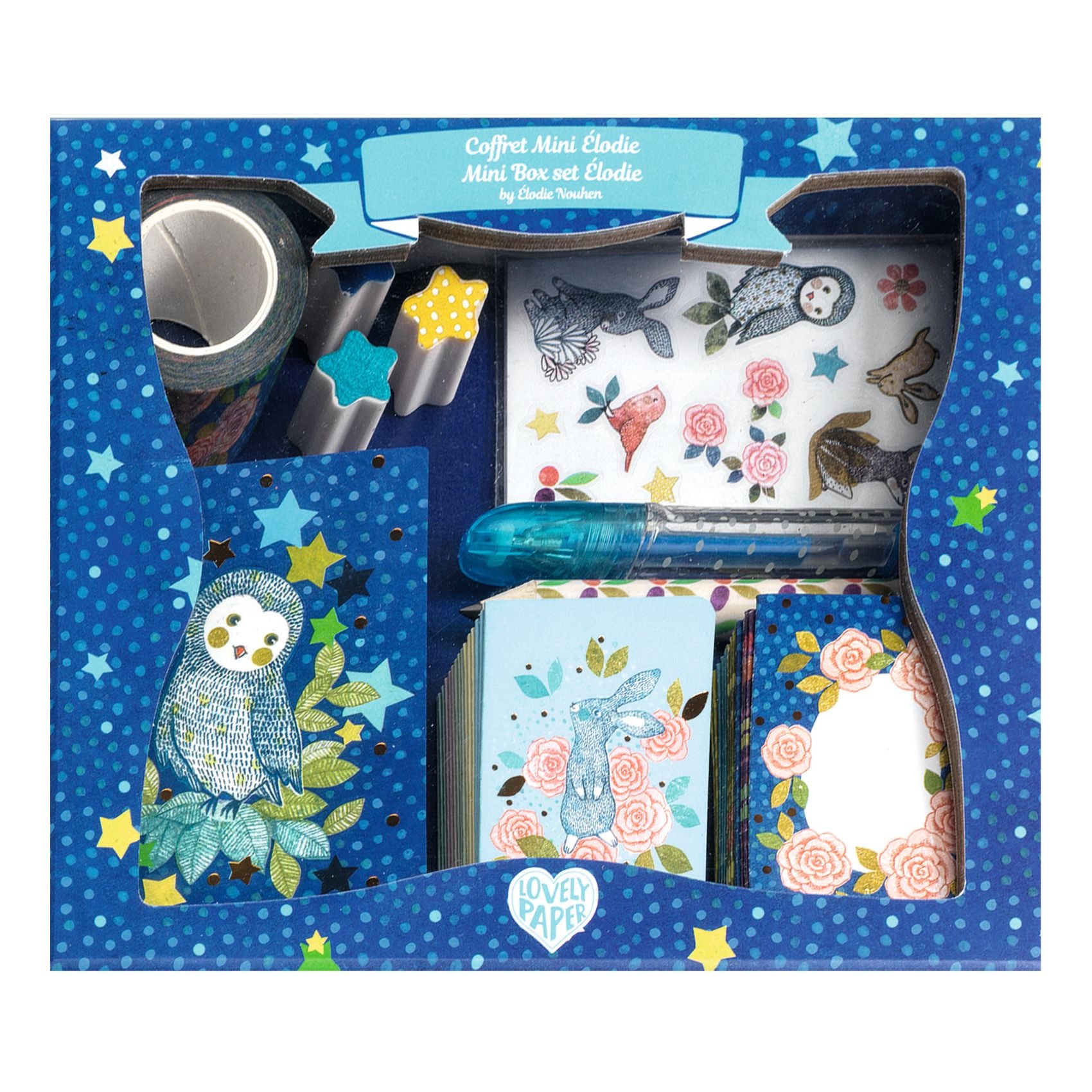 Set of stationery items including a notebook, stickers, and tape in a blue box with owl design.