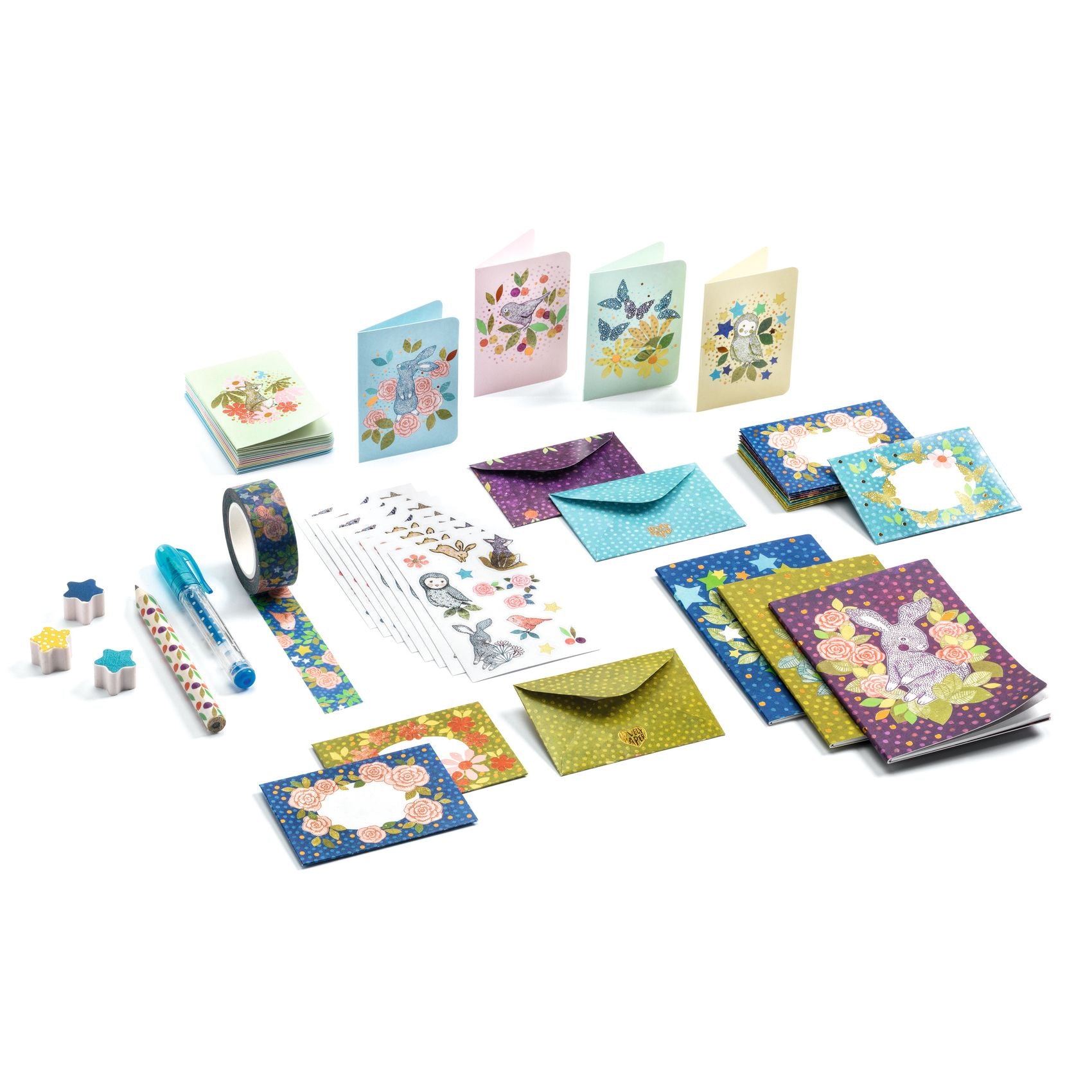 Collection of colorful stationery items including cards, envelopes, and pens on a white background