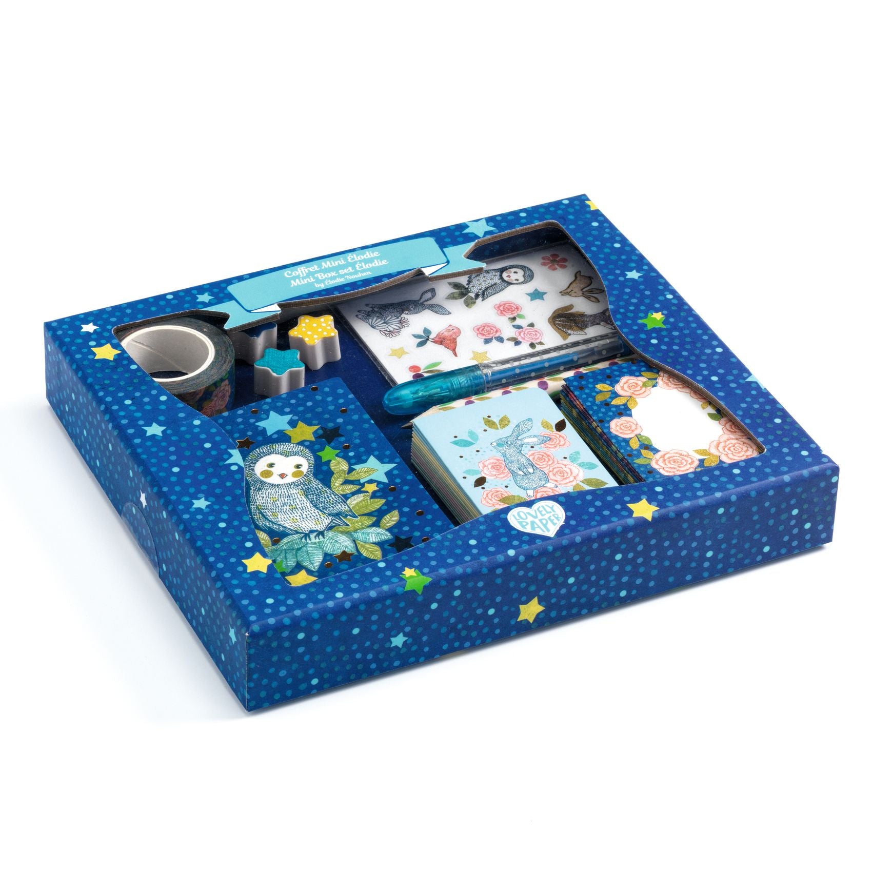 Set of stationery items including a notebook, stickers, pens and other stationery in a blue box with star patterns.