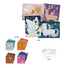 Set of decorative cards with fairy and animal designs, including glitter sheets and stickers.