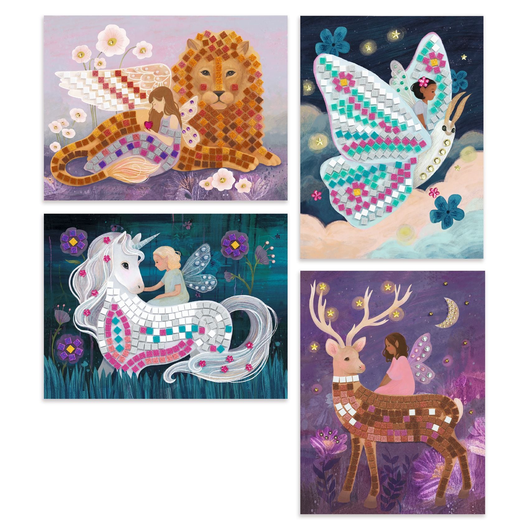 Set of four illustrated cards featuring fairies and animals on a white background