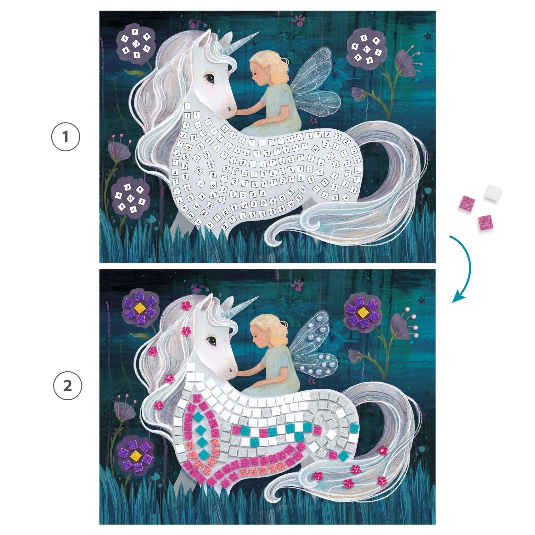 Unicorn and fairy illustration with diamond painting and mosaic design options.